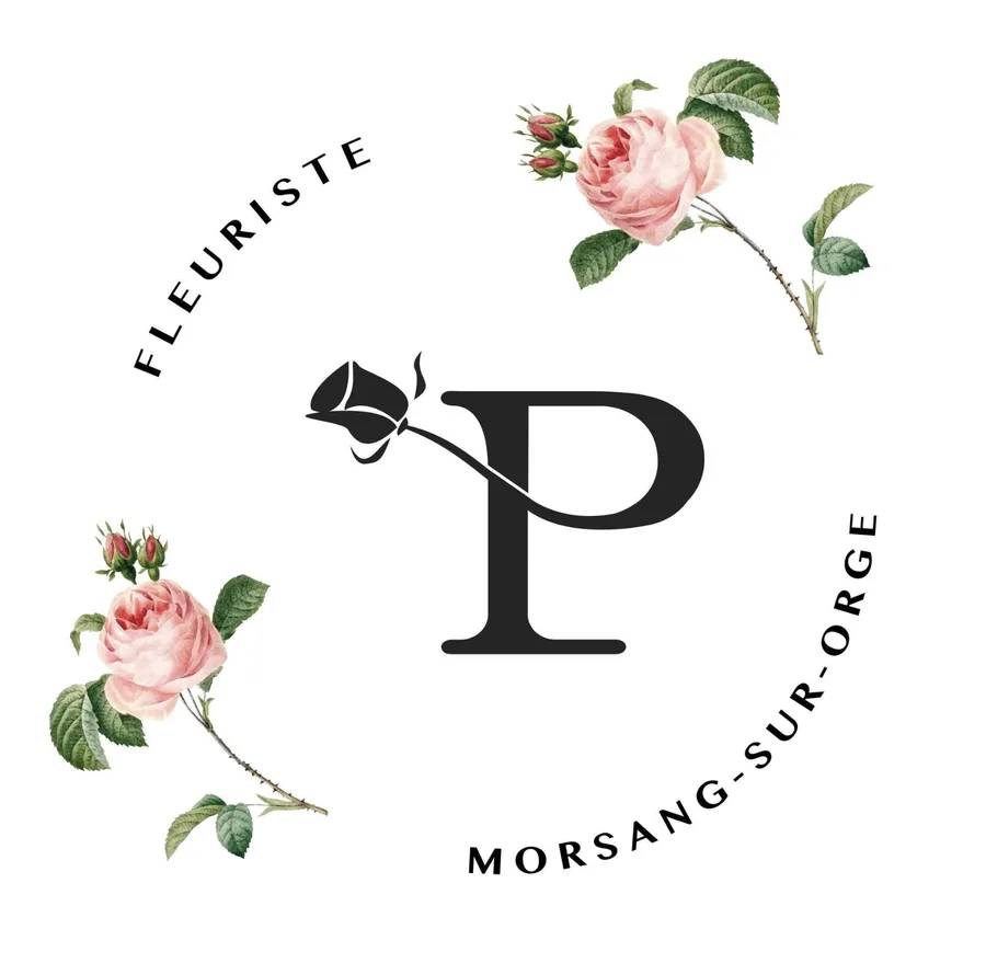 Logo de Pure Émotion : une rose dont la tige dessine la lettre P, entourée de roses anciennes et des mots Fleuriste, Morsang-sur-Orge
